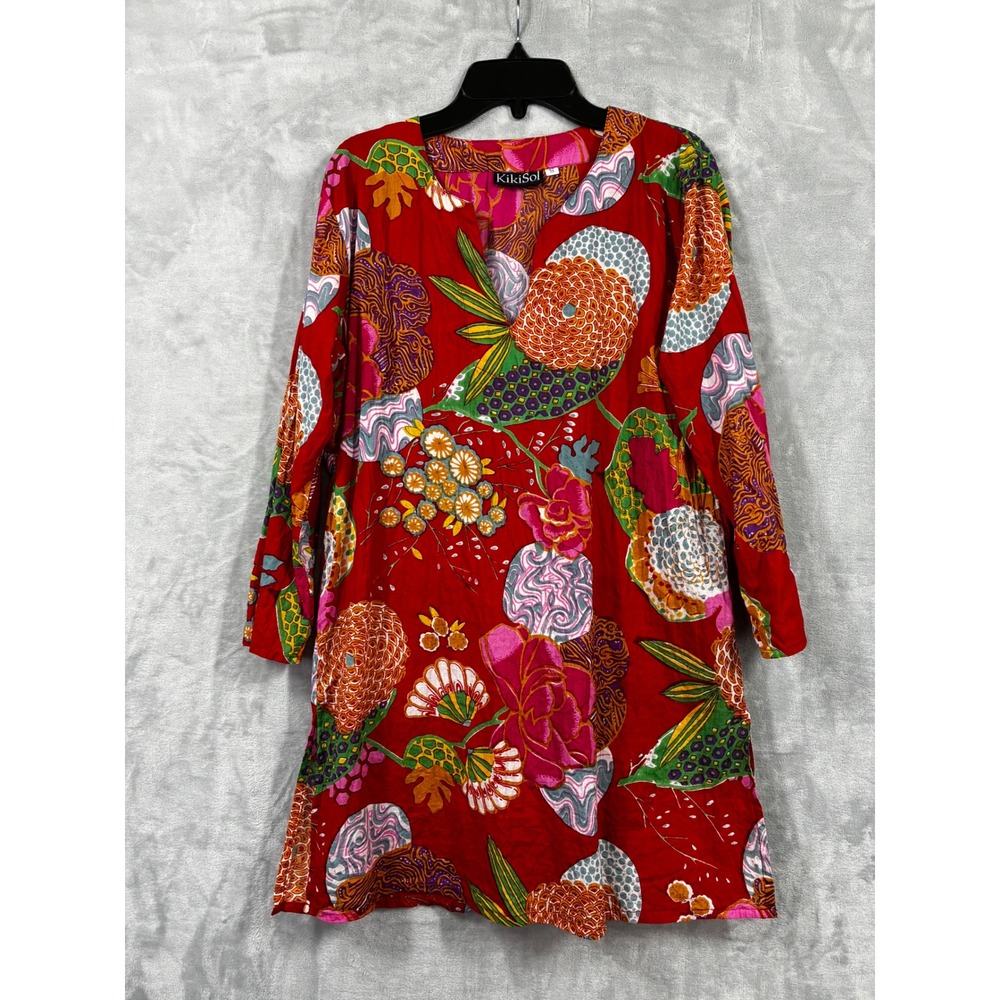 KikiSol Red Tropical Floral Cotton Tunic Top Split V-Neck Long Sleeve Small